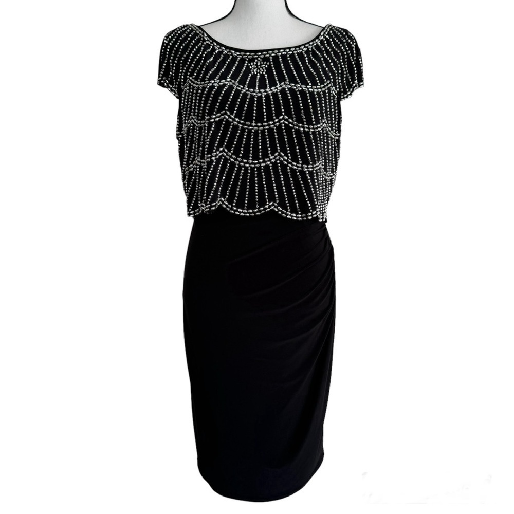 Xscape Black Beaded Ruched Cocktail Dress Size 10